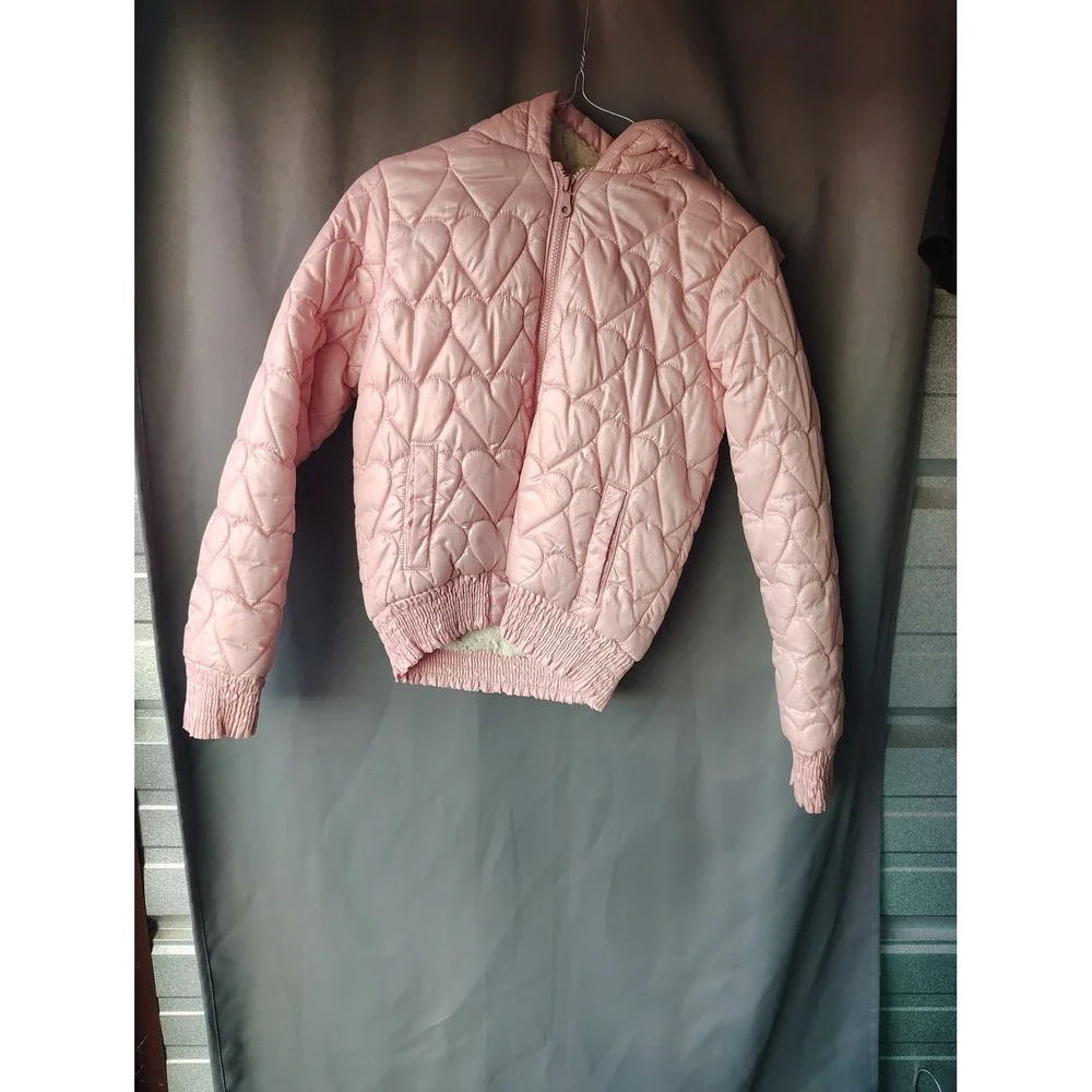 Old Navy Girls Pink Heart Quilted Puffer Jacket Faux Fur Lined Hooded XL 14-16
